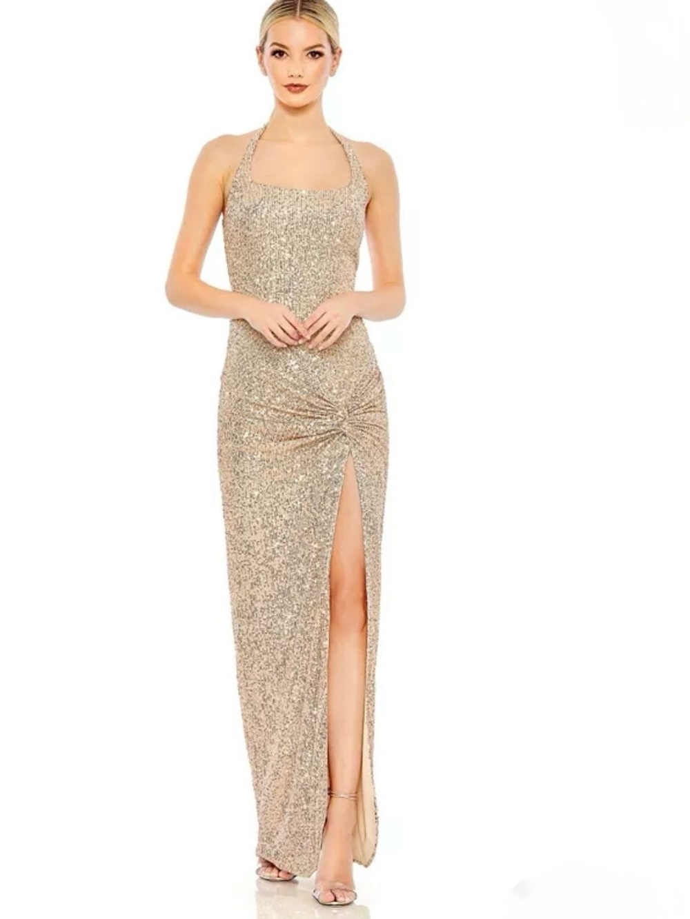 Sequin Halter Evening Gown in Rose Gold